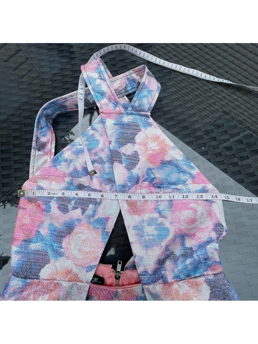 NASTY Gal floral shiny jacquard cut out halter romper shorts  Sz S - Picture 7 of 11